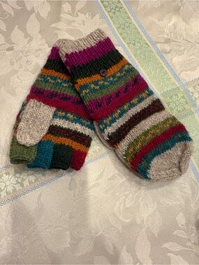 Hand-Knit Multicolor Wool Fingerless Mittens with Button